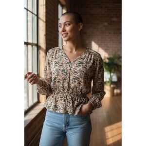 Nordstrom Paisley peplum long sleeve elastic waist cinched flattering top
